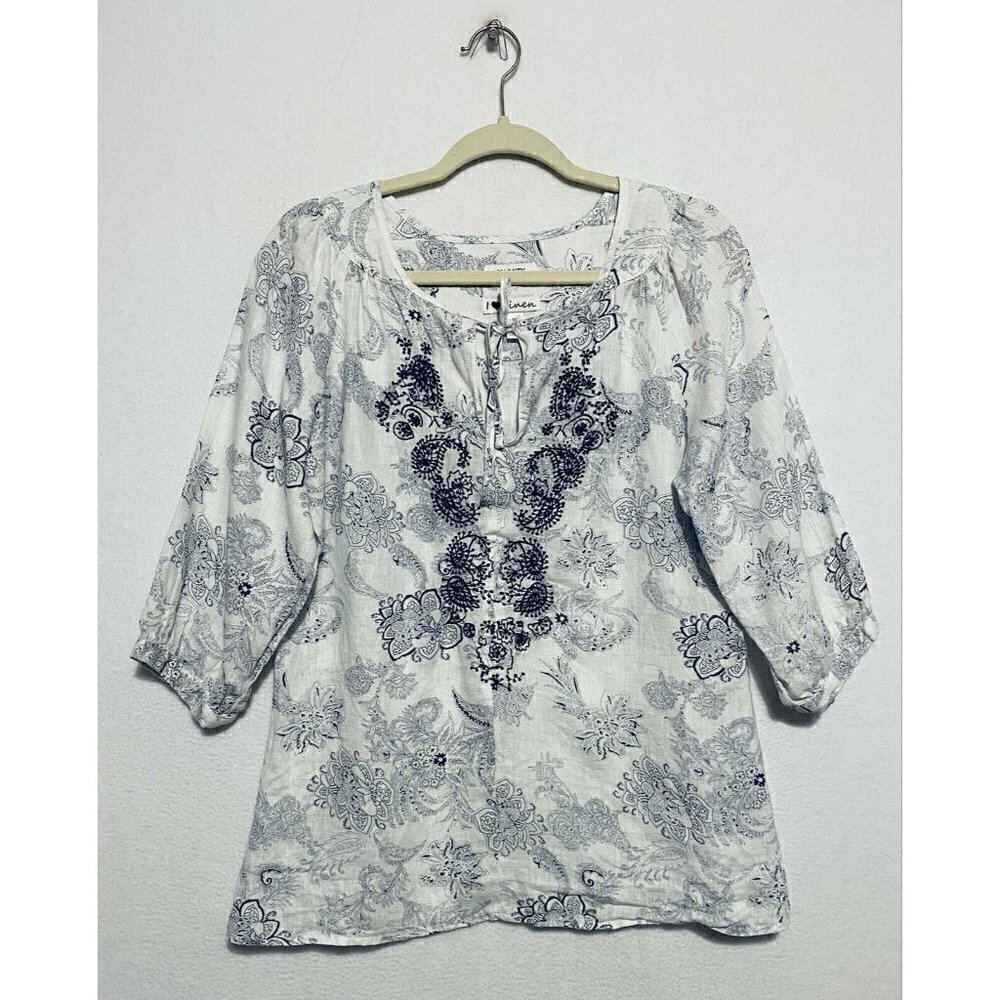 Malvin I Love Linen Top Womens Medium Blue Paisley Floral Embroidered Boho